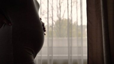 Hamile kadın şafak vakti pencerenin yanında dururken karnını okşuyor.