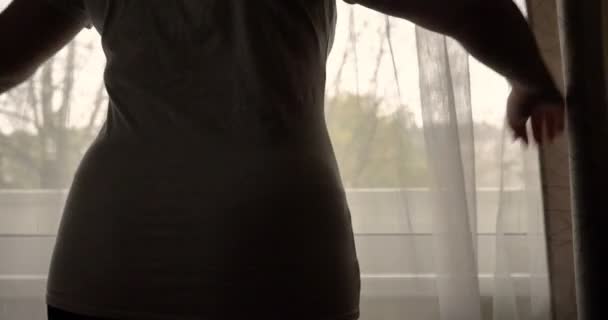 Femme Enceinte Caressant Son Estomac Tout Tenant Près Fenêtre Pendant — Video