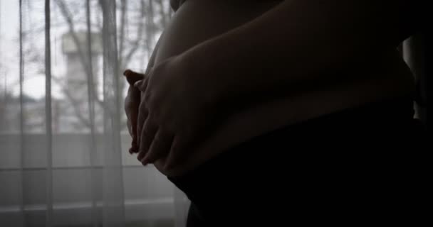 Hamile Kadın Şafak Vakti Pencerenin Yanında Dururken Karnını Okşuyor — Stok video