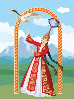 Dağların arkasında Kazak milli kostümlü dansçı bir kız ve uçan kartalın vektör görüntüsü.