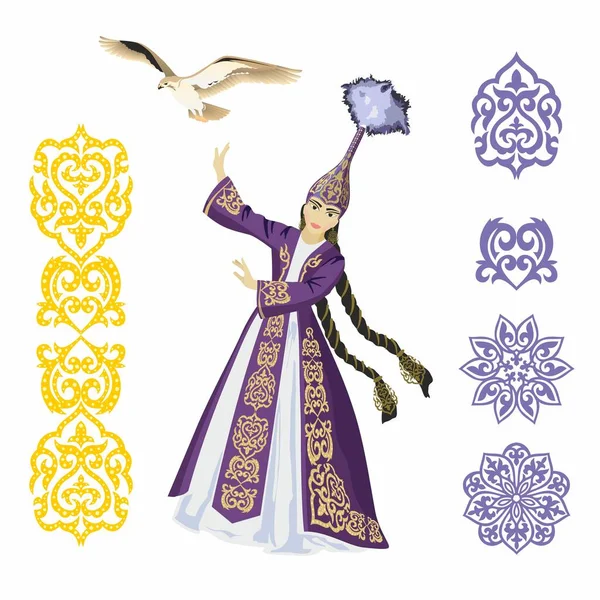 Vector Image Dancing Girl Kazakh National Costume Flying Eagle — Stock Vector