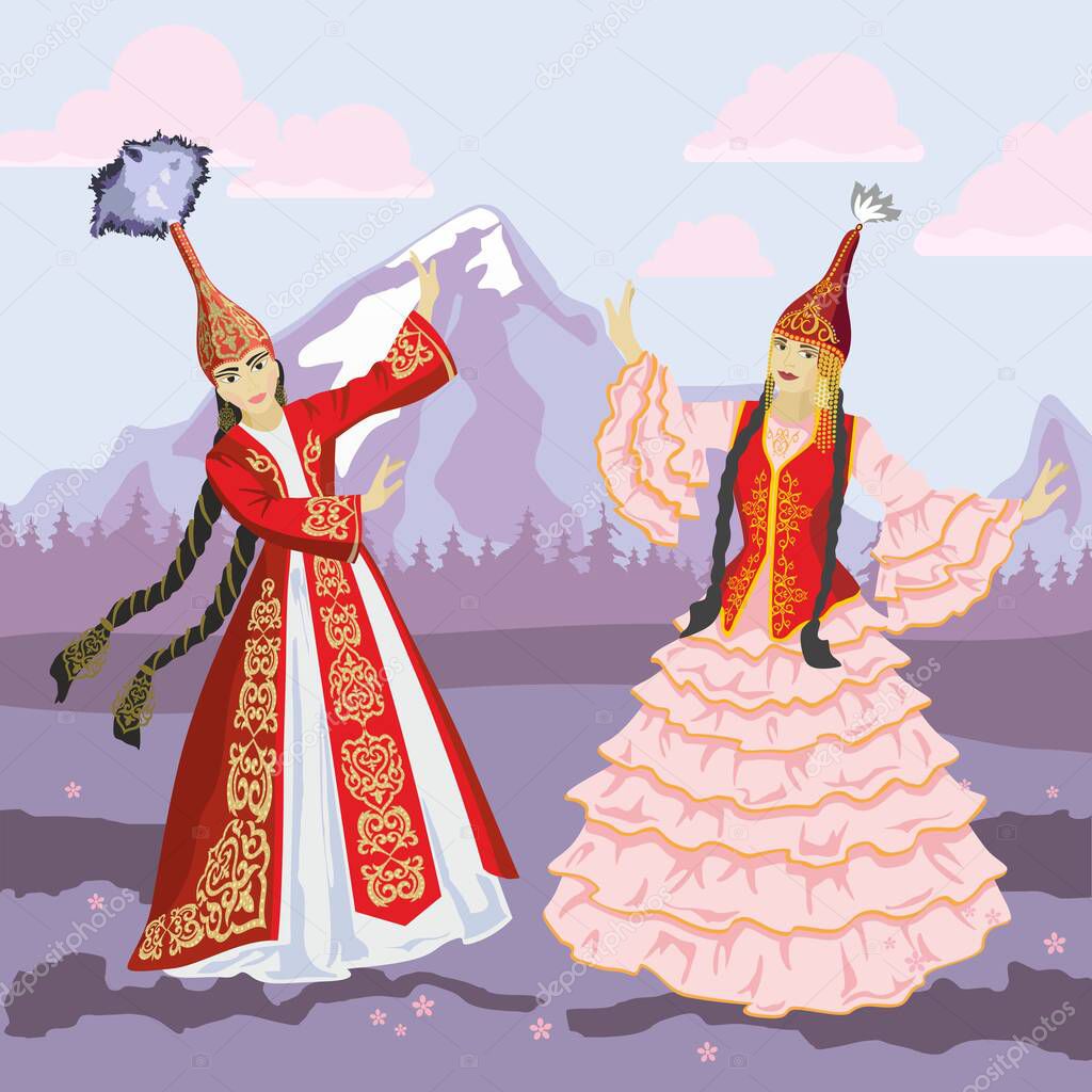 Vector image of a dancing girl in a Kazakh national costume on the background of mountains