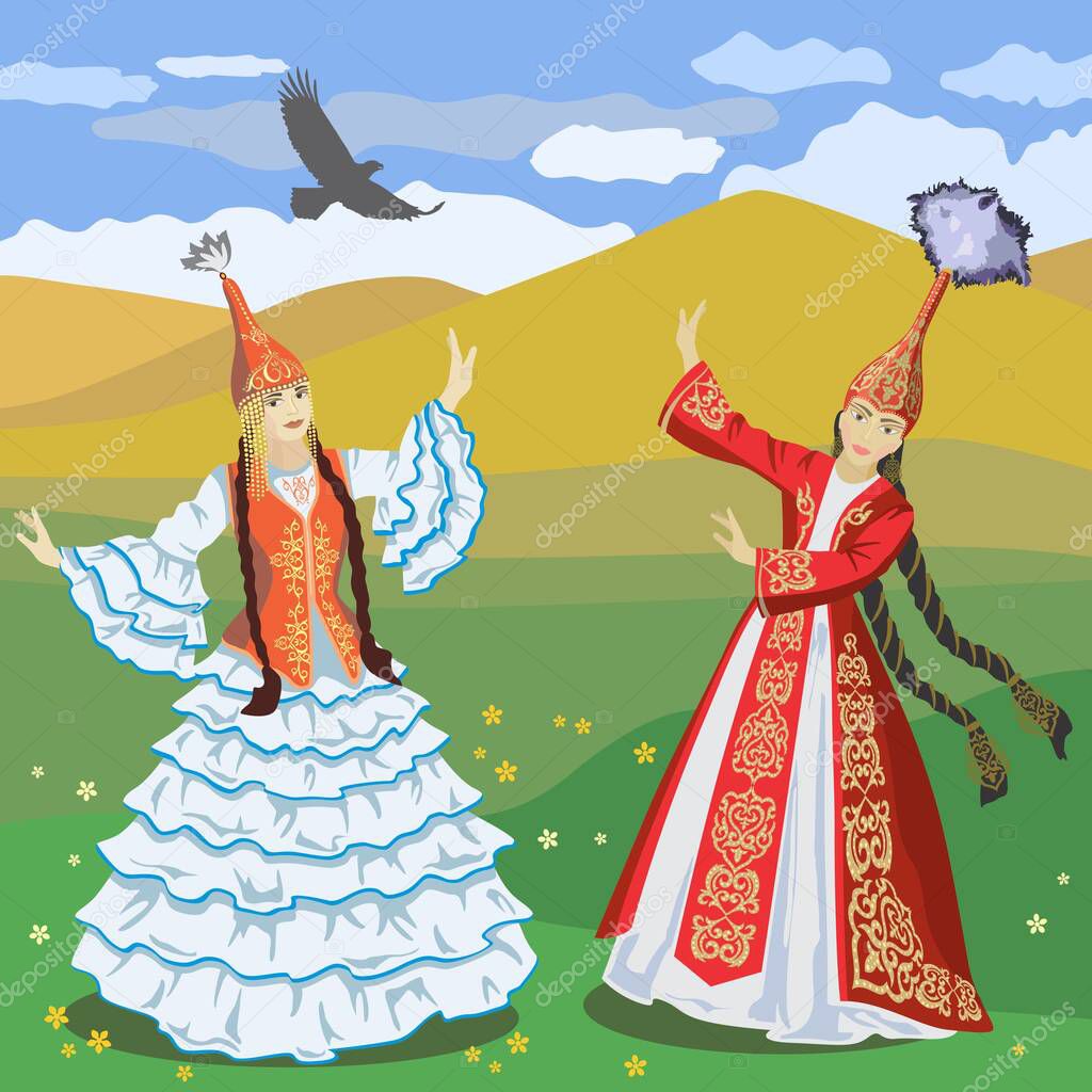 A woman in the Kazakh national costume on the background of the steppe and mountain landscape