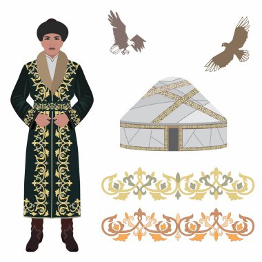 Bir dağ manzarasının arka planında Kazak milli kostümlü bir adamın vektör çizimi, bir takım elementler, bir süs, bir yurt, bir kartal