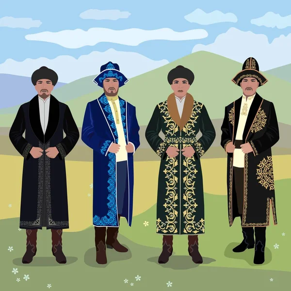Bir dağ manzarasının arka planında Kazak milli kostümlü bir adamın vektör çizimi