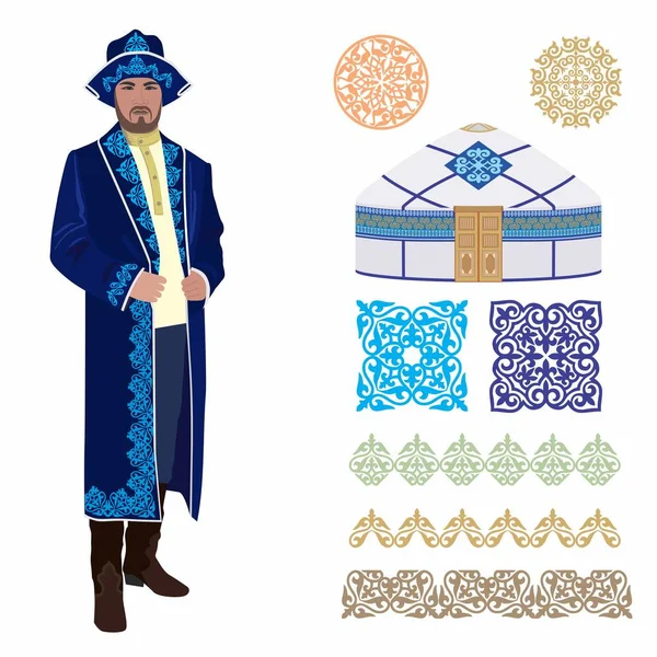 Ilustración Vectorial Hombre Con Traje Nacional Kazajo Fondo Paisaje Montaña — Vector de stock