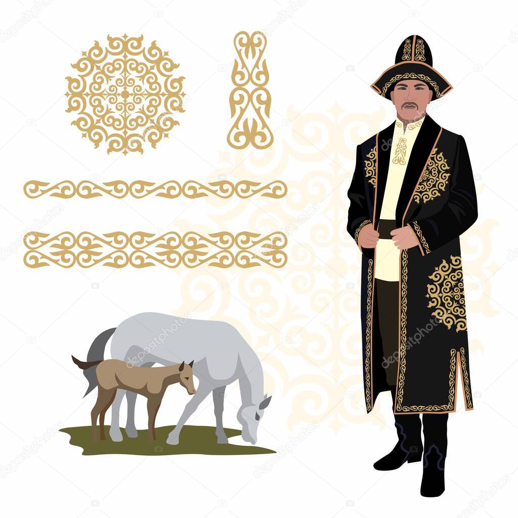 Vector illustration of a man in a Kazakh national costume on the background of a mountain landscape, a set of elements, an ornament, a yurt, an eagle