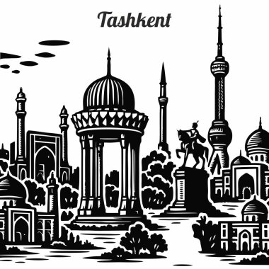 Özbekistan, Taşkent 'in başkentinin vektör görüntüsü, gökyüzüne ve bulutlara karşı görüntüler, eski binalar, camiler ve gökdelenler