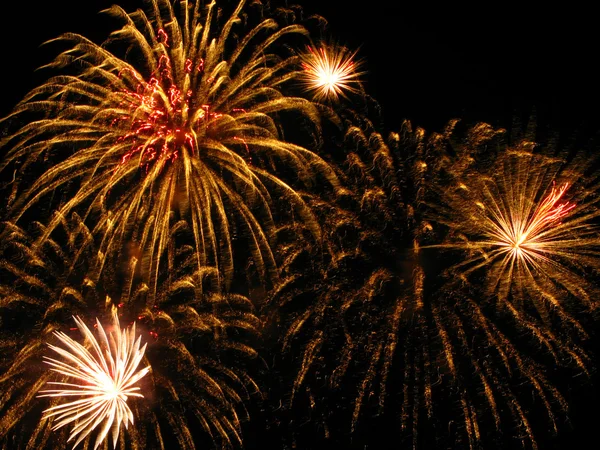 Golden fireworks in dark sky — Stock Photo, Image