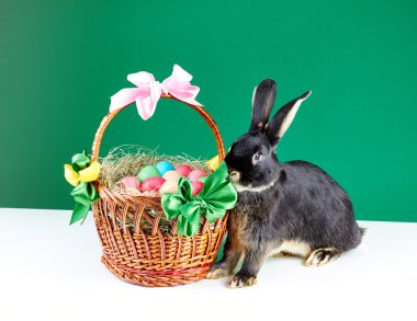 Festival kompozisyon tavşan ve Paskalya yumurtaları sepetle