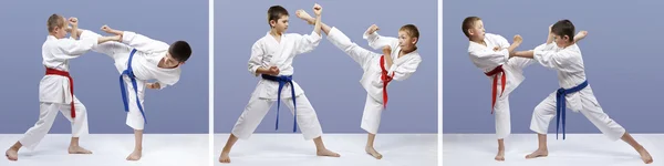 Darbeler ve bloklar karate perfoming sporcular kolaj — Stok fotoğraf