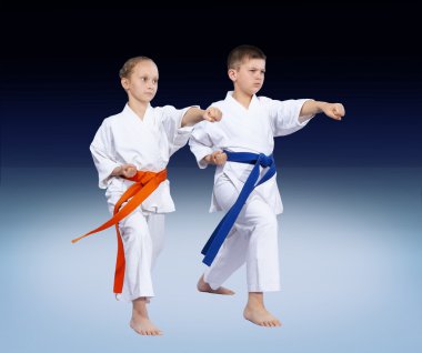 Mavi ve turuncu kemer ile sporcular yumruk kol dövüyorsun