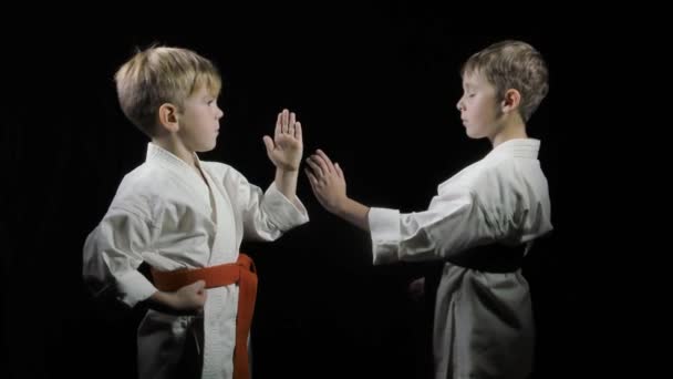 Karategi Los Chicos Entrenan Puñetazos Bloques Sobre Fondo Negro — Vídeos de Stock