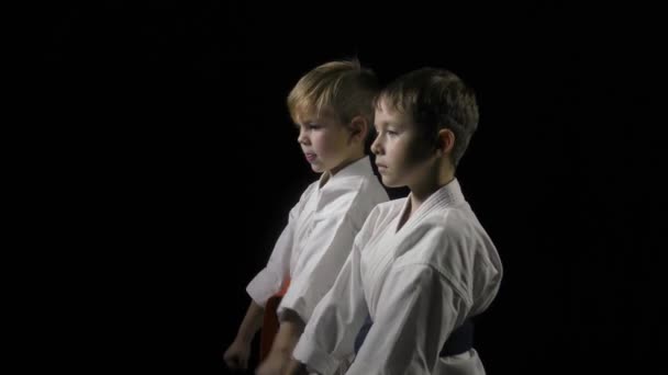 Karategi Meninos Executam Socos Fundo Preto — Vídeo de Stock