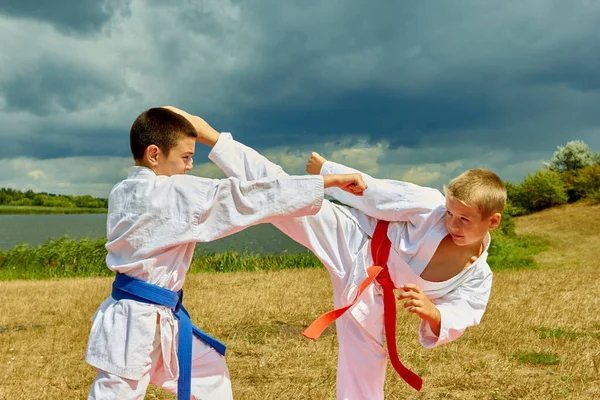 Doğanın Arka Planında Kırmızı Mavi Kuşaklı Iki Sporcu Karatenin Yumruklarını — Stok fotoğraf