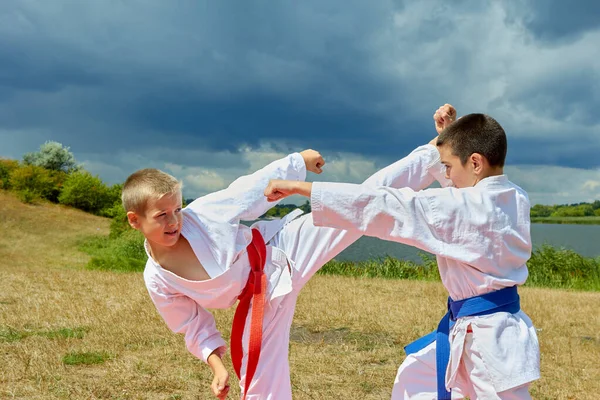 Két Sportoló Természet Hátterében Piros Kék Övvel Ütésekkel Karate Blokkokkal — Stock Fotó