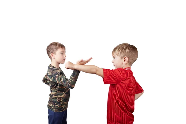 Witte Geïsoleerde Achtergrond Twee Jongens Atleet Doen Blok Tegen Hand — Stockfoto