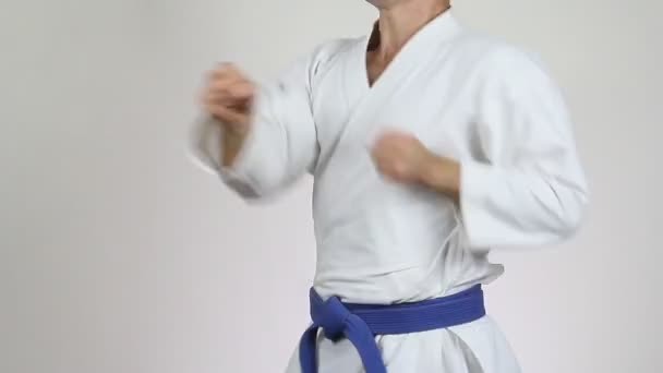 Man White Background Blue Belt Training Blows Hands — Stock Video