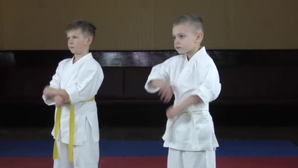 Twee Atleten Met Gele Witte Riemen Voeren Stoten Armen — Stockvideo