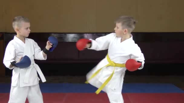 Dalam Karategi Atlet Menendang Overlay Lengan Atlet Lain — Stok Video