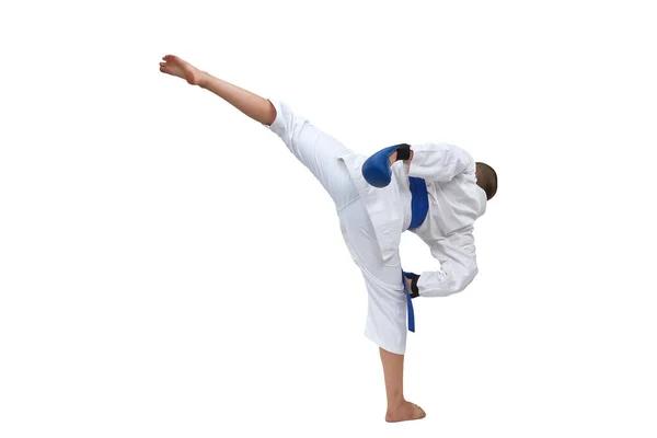 Karategi Niño Atleta Entrenamiento Patada Sobre Fondo Aislado Blanco —  Fotos de Stock