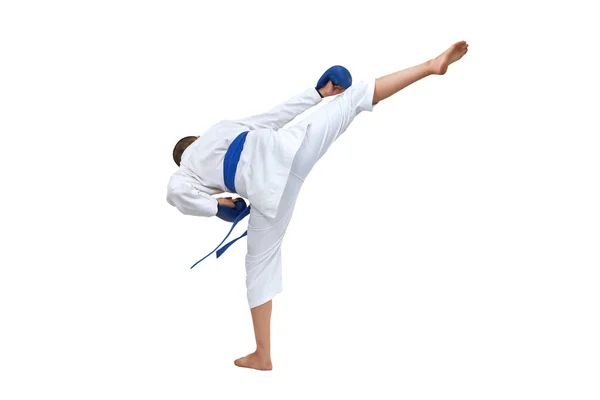 White Isolated Background Karategi Boy Athlete Performs Kick — Stock Photo, Image