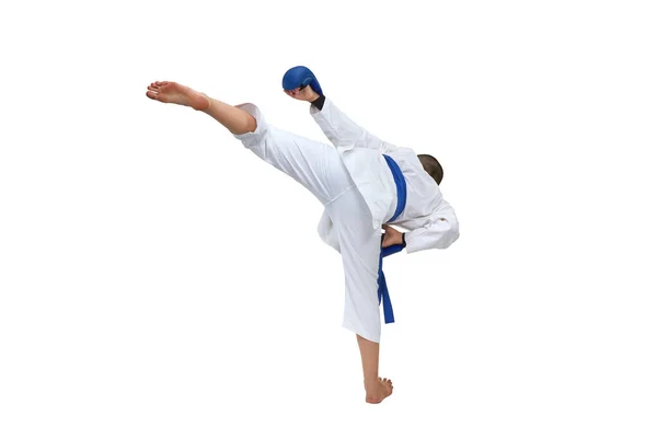 Atleta Karategi Con Patada Pierna Entrenamiento Cinturón Azul Sobre Fondo —  Fotos de Stock
