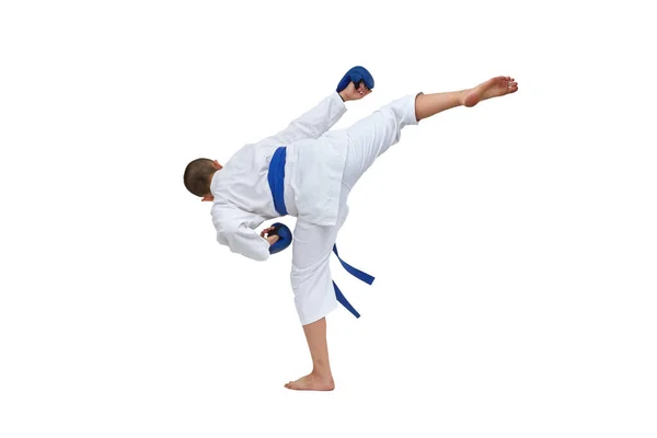 Karategi Atleta Con Cinturón Azul Realiza Una Patada Sobre Fondo — Foto de Stock