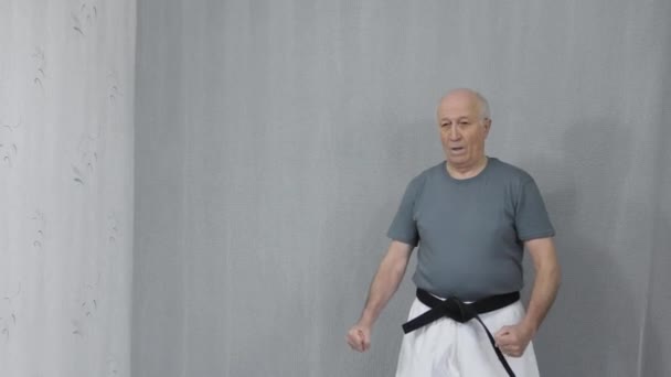 Black Belt Old Man Athlete Training Kicks — Stock Video