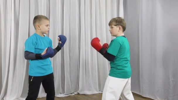 Twee Atleten Veelkleurige Shirts Pads Hun Armtraining Sparren — Stockvideo