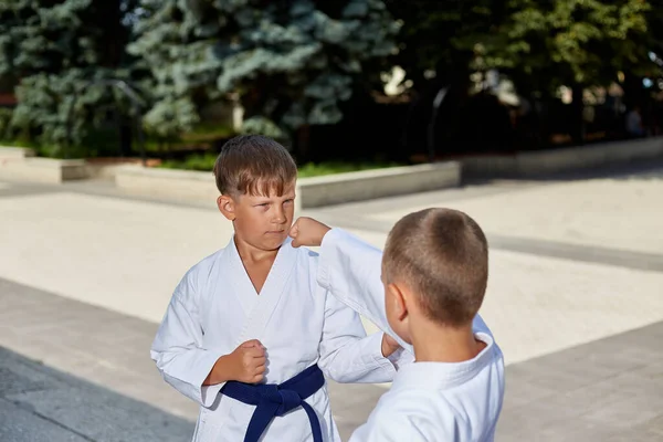 Відкритому Повітрі Спортсмени Роблять Удари Техніки Захисту — стокове фото