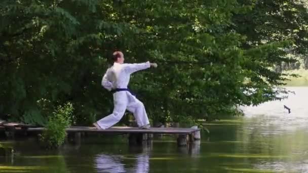 一名男子运动员在池塘的背景下用手在桥上训练冲刺和拦路虎 — 图库视频影像