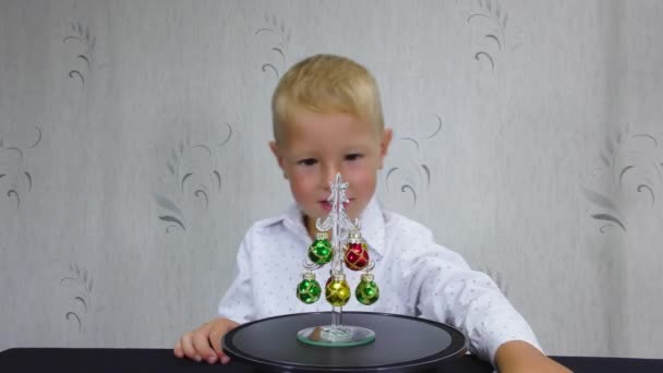 Niño Con Una Camisa Blanca Mira Pequeño Árbol Navidad Toca — Vídeos de Stock