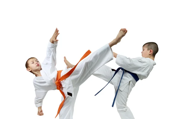 With orange and blue belts  the sportsmen are beating kicks — Stock Photo, Image