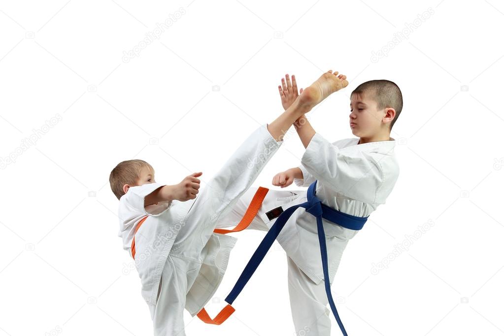 Sportsmen in karategi are beating kick mawashi geri