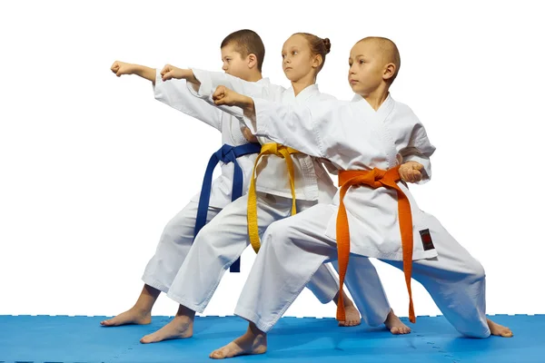 Niños pequeños atletas están golpeando kick oi tsuki sobre un fondo blanco — Foto de Stock