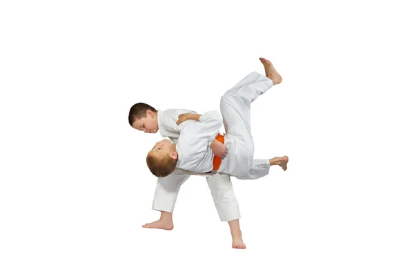 High throw judo performs  athlete with yellow belt — Stock Photo, Image