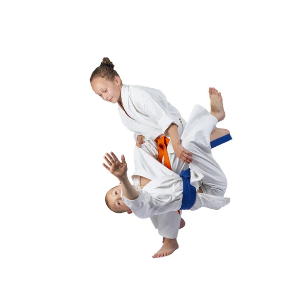 Children athletes train judo throws — Stock Photo, Image