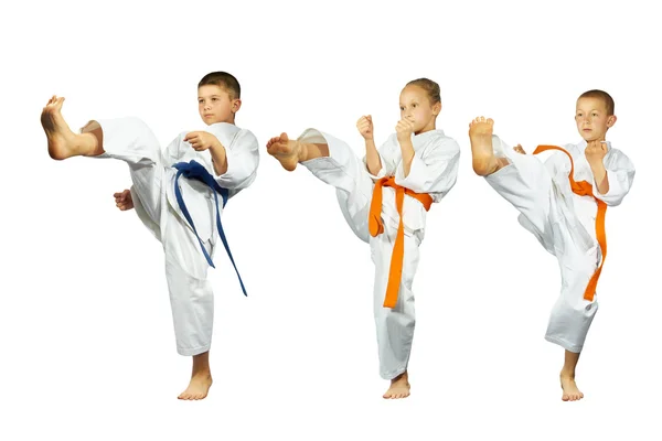 Kindersportler schlägt Kick Mae-Geri auf einer Collage auf weißem Hintergrund — Stockfoto