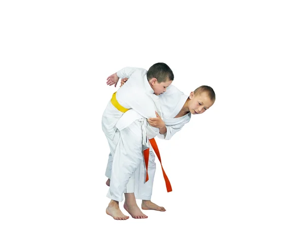 Judo techniques performed two athletes in judogi — Stock Photo, Image