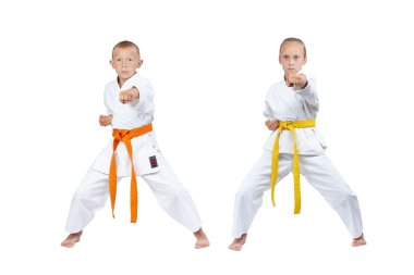 Erkek ve kız kiba dachi yendi raflar içinde gyaku Tsuki tekme