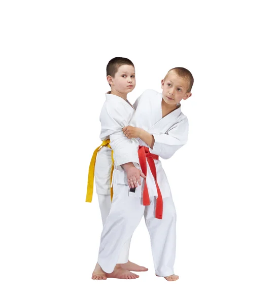Capture for throw are training athletes in judogi — Stock Photo, Image