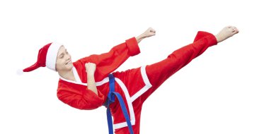 Kadında Noel baba beats bir tekme bacak giysiler.