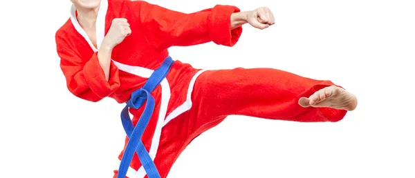 I kläder Santa Claus tjej slår sparkar — Stockfoto