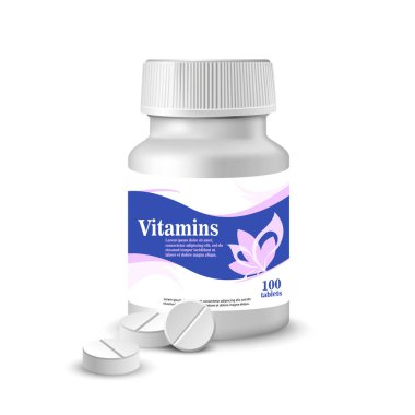 Bir kavanoz vitamin. Vektör modeli, haplar için konteyner. Paket tasarımı. Tablet paketleme görünüm şablonu.