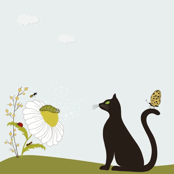 Lindo gato con manzanilla e insectos — Archivo Imágenes Vectoriales