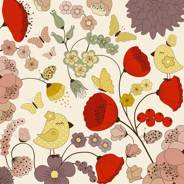 Modèle floral coloré avec des oiseaux et des papillons — Image vectorielle