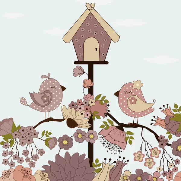 Niedliche Vögel auf Zweigen mit Blumen — Stockvektor
