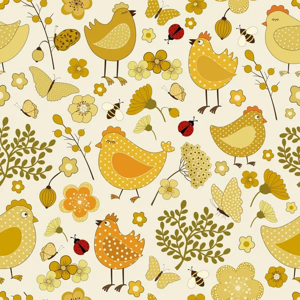 Seamless floral pattern with chicken cartoon — Stock Vector