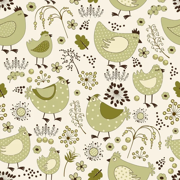 Seamless floral pattern with chicken cartoon — Stock Vector
